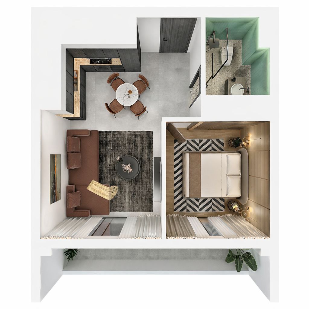 Accueil Plan 3D d'architecte pour l'aménagement d'un appartement moderne à Casablanca avec salon, cuisine ouverte et chambre par Studio A